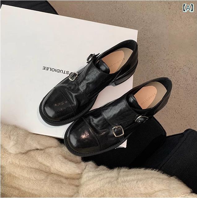 ローファー レディース 厚底 馬革 ダブルバックル 革 太ヒール チャンキーヒール ラウンドトゥ 脚長効果 質感重視 高耐久ホースレザー トラッドスタイル 疲れにくい 履き心地重視 カジュアル フォーマル 通勤 通学 外出 おしゃれ 上品 艶感 存在感