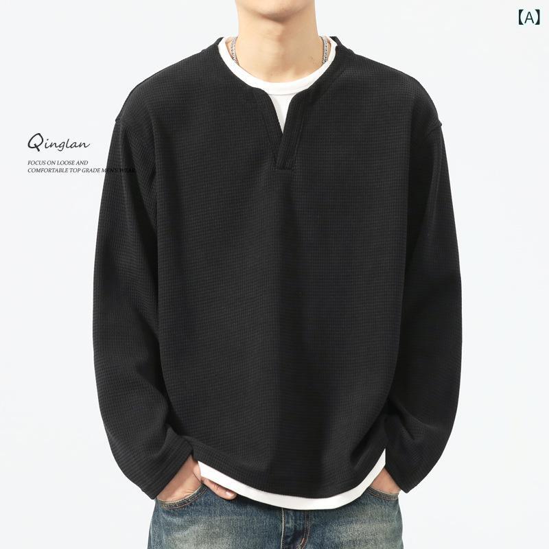 Tシャツ メンズ フェイクレイヤード 重ね着風 ロンT 裏起毛 厚手 ヘビーウェイト 大きいサイズ ビッグシルエット カジュアル 秋冬 トップス クルーネック 無地 防寒 暖かい シンプル カットソー