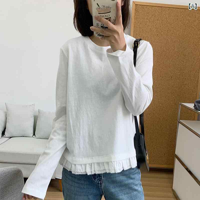 Tシャツ レディース 長袖 レース ロンT コットン100% トップス インナー クルーネック 切替 異素材 チュニック ゆったり 大きめサイズ ホワイト 重ね着 レイヤード 春服 秋服 カジュアル シンプル 無地