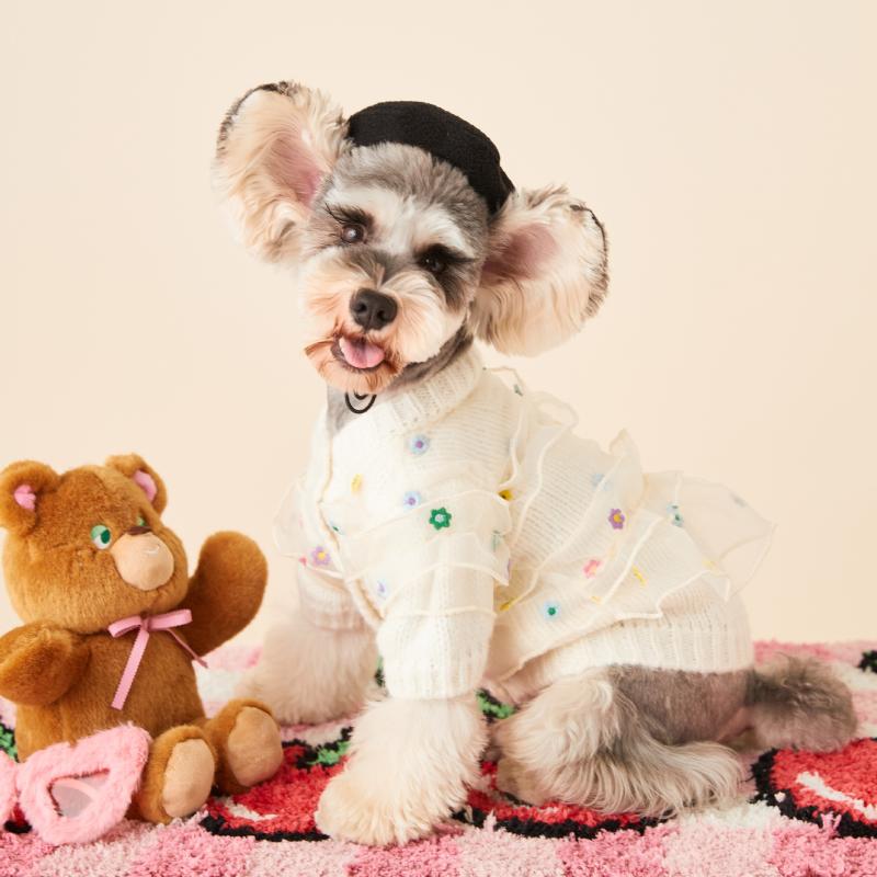 ドッグウェア 女の子犬服 冬用 小型犬 中型犬 チュールセーター ニットセーター 防寒対策アイテム ペットウェア トイプードル ビションフリーゼ シュナウザー お出かけ用 リボン かわいいフリル