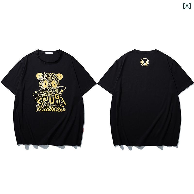 Tシャツ メンズ 大きいサイズ 半袖 ビッグシルエット プリントトップス 夏用カットソー クルーネック ゆったりカジュアル ゴールドプリント キャラクター コットン素材 3L 4L 5L