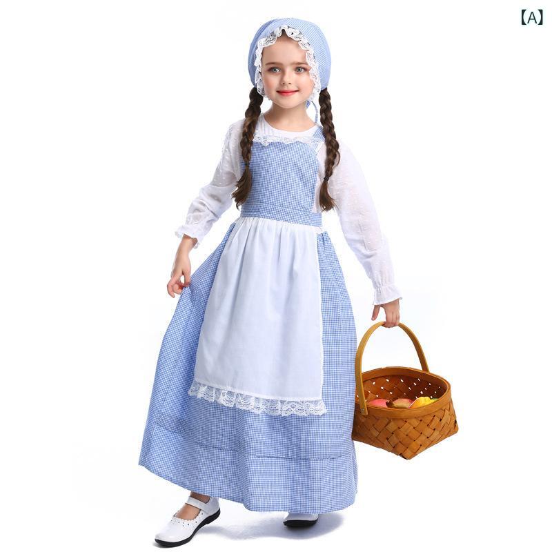 子供用コスチューム 女の子 ハロウィン 仮装 舞台衣装 風 田園風 エプロンドレス ワンピース 発表会 文化祭 演劇 パーティー イベント 花屋 少女 衣装 キッズ コスプレ 子供服 お遊戯会 演出服 学園祭