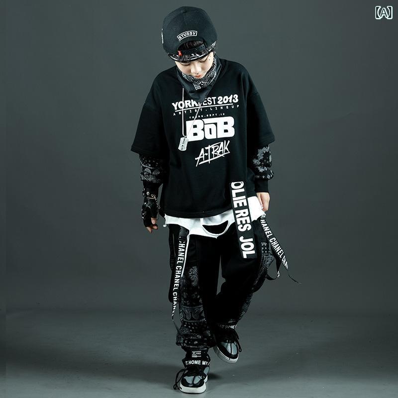 キッズダンス衣装 男の子 ヒップホップ セットアップ ペイズリー柄 長袖 トップス ロングパンツ 上下セット ダンス発表会 練習着 レッスン着 ステージ衣装 ジュニア 子供服 カジュアル ストリート系 オーバーサイズ
