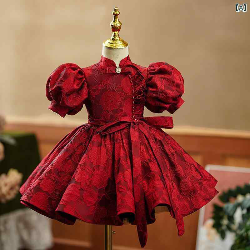 ベビードレス 女の子 フォーマル 結婚式 ワンピース 長袖 赤 レッド 子供服 ベビー服 チュール ピアノ 発表会 七五三 誕生日 1歳 お祝い 記念撮影 冠婚葬祭 衣装 子供 パーティー ステージ 演出服 チャイナ風
