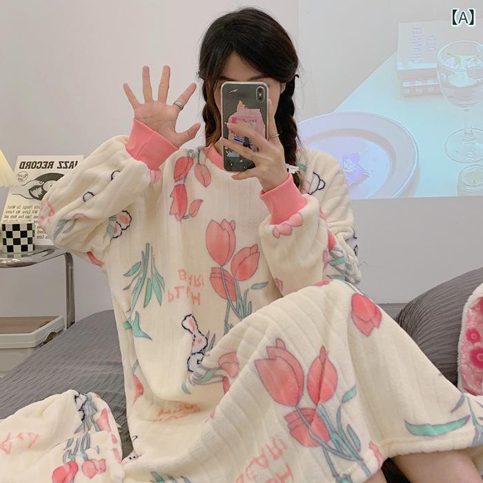 ルームウェア レディース パジャマ ワンピース 冬 ネグリジェ フランネル もこもこ あったか 裏起毛 厚手 ゆったり 大きいサイズ 部屋着 寝巻き かわいい 長袖 暖かい 防寒 保温 ロング丈 ギフト