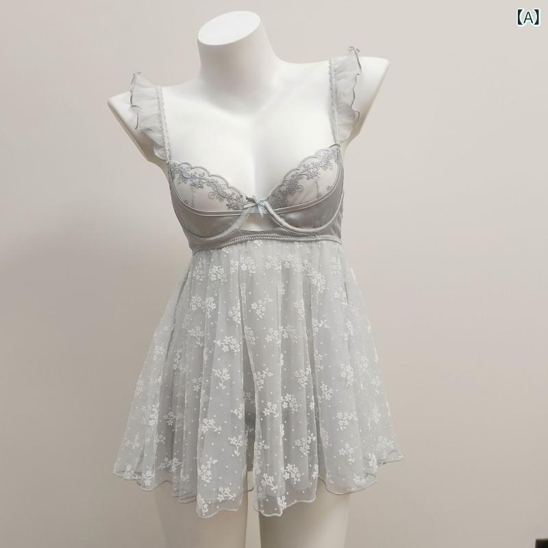 ネグリジェ レディース パジャマ 夏 レース キャミソール ワンピース メッシュ素材 フロッキー 上下セット 透け感 セクシー 部屋着 寝巻き ナイトウェア ルームウェア ランジェリー 下着