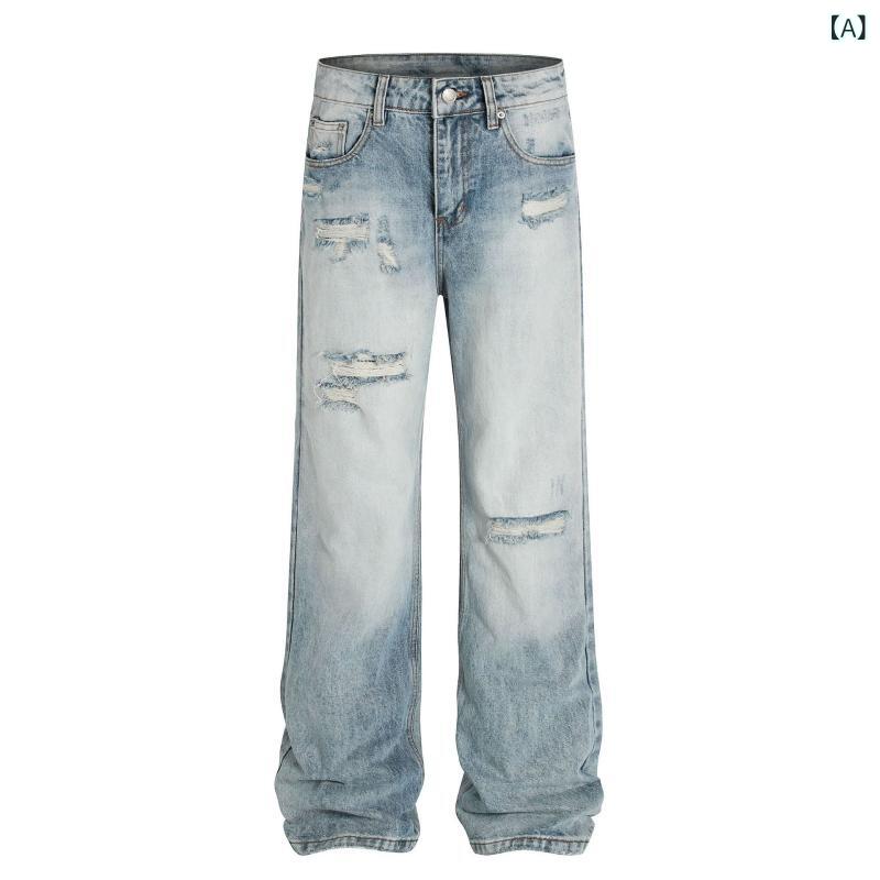 デニムパンツ メンズ ジーンズ ジーパン ブーツカット ダメージ加工 ウォッシュ加工 ヴィンテージ アメカジ ストリート カジュアル ワークパンツ ボトムス ズボン おしゃれ ロングパンツ インディゴ ブルー ゆったり