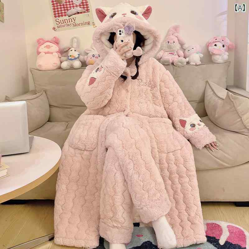 お部屋お召しもの レディース パジャマ 猫 あったか もこもこ 化粧着 お部屋着 衣装 冬 朦々たる 裏起毛 綿ネル 生あたたかい サンゴマイヤー キルティング 長袖 前食い違い 愛くるしげ 猫柄 防寒着 寒さ打つ手 差し上げ物