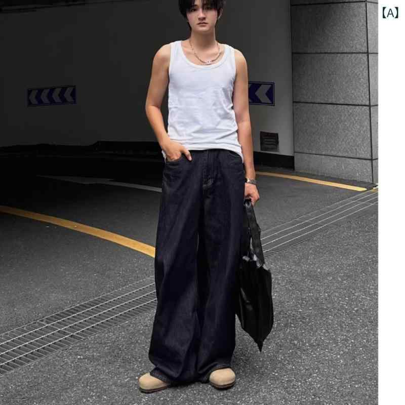 デニムパンツ メンズ ジーンズ ストレート 生デニム ワイドパンツ Aラインシルエット インディゴネイビー ノンウォッシュ ワークパンツ ロングパンツ カジュアル アメカジ ボトムス 夏用 通気性