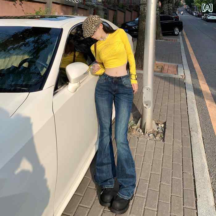 デニムパンツ レディース フレアパンツ ベルボトム ブーツカット ローウエスト ストレッチ 美脚 脚長効果 ロング丈 アメリカンレトロ ヴィンテージ風 カジュアル 秋冬 暖かい 厚手 スリム 無地 シンプル