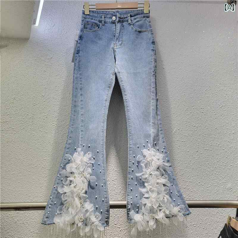 ジーンズズボン下 レディース デニム ご機嫌酉の方角 太陽フレアズボン下 クロップドパンツ 九分丈 花柄刺しゅう ビジュー 伸ばすこと 美脚 脚長成り行き ボトムス 心地よい ズボン 秋 アンクル丈 裾太陽フレア 晴れ晴れしい