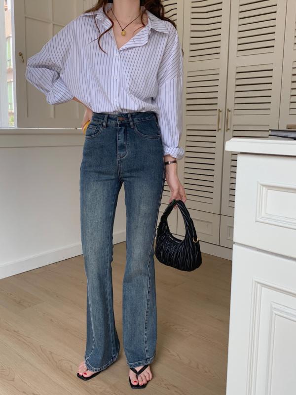 デニムパンツ レディース フレアパンツ ブーツカット ベルボトム ロングパンツ ハイウエスト ストレッチ カジュアル ジーパン ジーンズ ボトムス ズボン 10分丈 無地 インディゴブルー