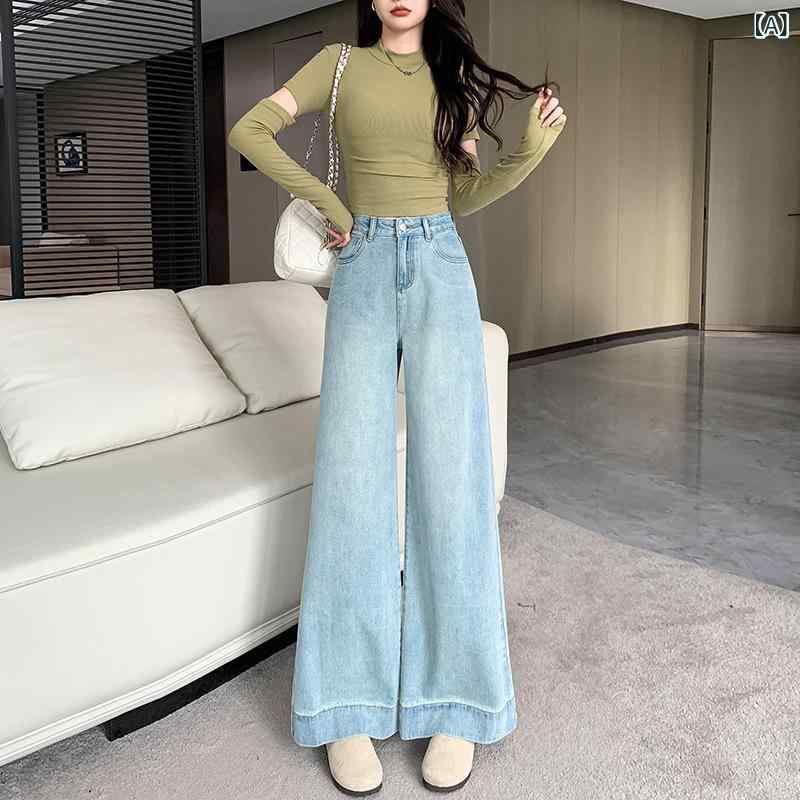 デニムパンツ レディース ハイウエスト アンクル丈 フレアパンツ ストレッチ ボトムス カジュアル 春秋 美脚 脚長 効果 スリット ズボン シンプル 無地 ブルー ウォッシュ加工 ポケット付き 通学 通勤 普段使い