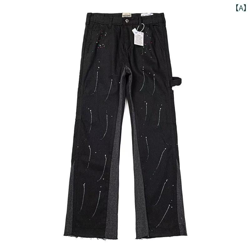 デニムパンツ メンズ ペイント 加工 ダメージ ヴィンテージ ストレート ワイド ボトムス ワークパンツ かっこいい カジュアル アメカジ コットン 春夏 秋冬 ストリート ビッグシルエット 10分丈 長ズボン ウォッシュ