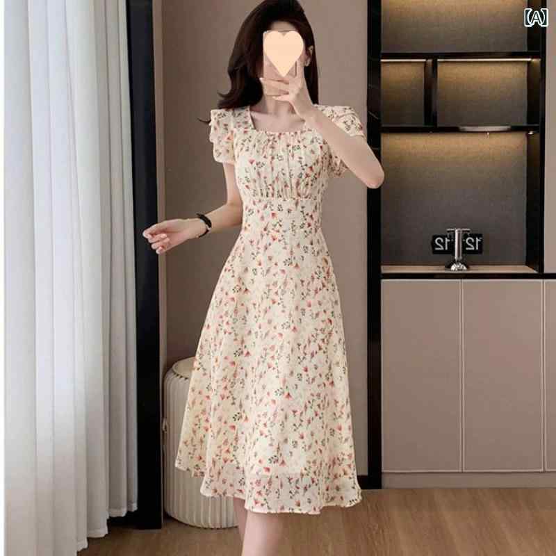 ワンピース レディース 花柄 シフォン ミモレ丈 Aライン 半袖 Vネック ウエストマーク フレア フリル 涼しい 軽い 裏地付き 体型カバー お呼ばれ デート 旅行 リゾート カジュアル 春夏 総柄 ロングワンピース