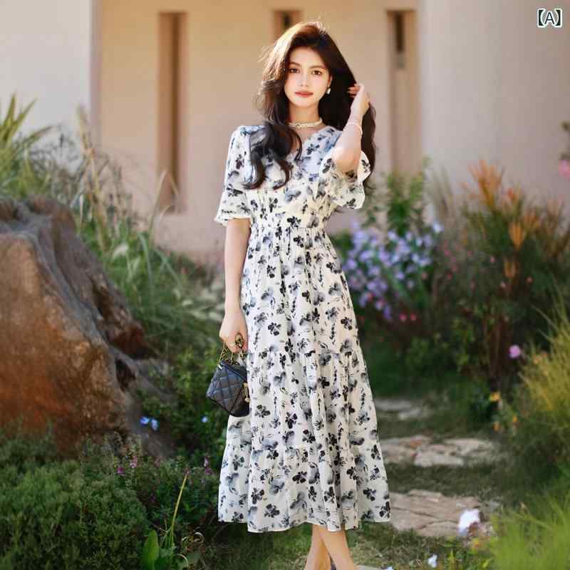 ワンピース レディース 花柄 Vネック シフォン ロングワンピース 半袖 Aライン フリル袖 膝丈 ミモレ丈 裏地付き 夏用 お出かけ デート 旅行 リゾート カジュアル ワンピ 総柄 涼しい 薄手 通気性 体型カバー フレンチ 5,723円