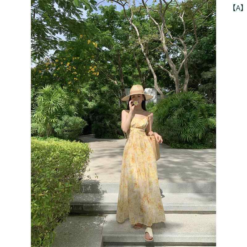 衣裳 レディース ロング丈 マキシ丈 キャミソールワンピ A伝達ルート 黄色 花柄 小花柄 酉の方角開けはなし 後ろ側あき たまり場 砂浜 海 旅する 夏 活動写真映え ボヘミアン 心地よい ゆったり 体型取りまかなう