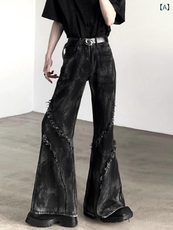デニムパンツ メンズ フレアパンツ ジーンズ ハイウエスト ブーツカット ベルボトム ヴィンテージ風 脚長 美脚 ロングパンツ ボトムス ブラック カジュアル ストリート モード系 アメカジ 秋 春 ズボン おしゃれ