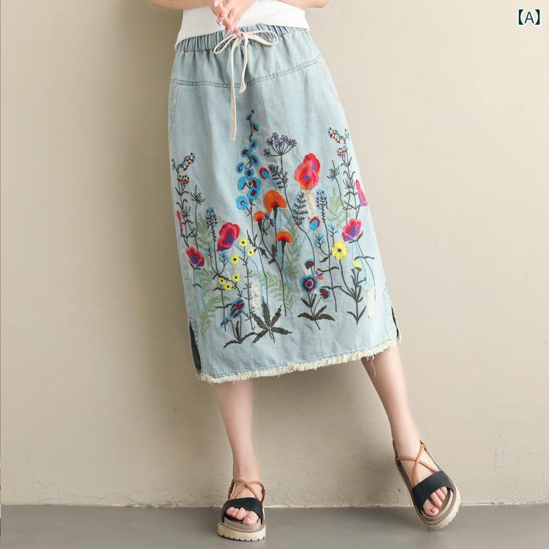 スカート レディース デニム 刺繍入り エスニック調 ペンシルスカート 大きいサイズ 膝下丈 ヴィンテージ加工 レトロモダン バックスリット入り コットン素材 ボトムス お出かけ用 華やか