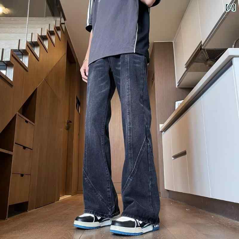 デニムパンツ メンズ ジーンズ ストレート ジーパン ワイドパンツ ボトムス ヴィンテージ風 ウォッシュ加工 切り替え パッチワーク カジュアル ストリート 春夏 秋 ロングパンツ ゆったり アメカジ ワークパンツ