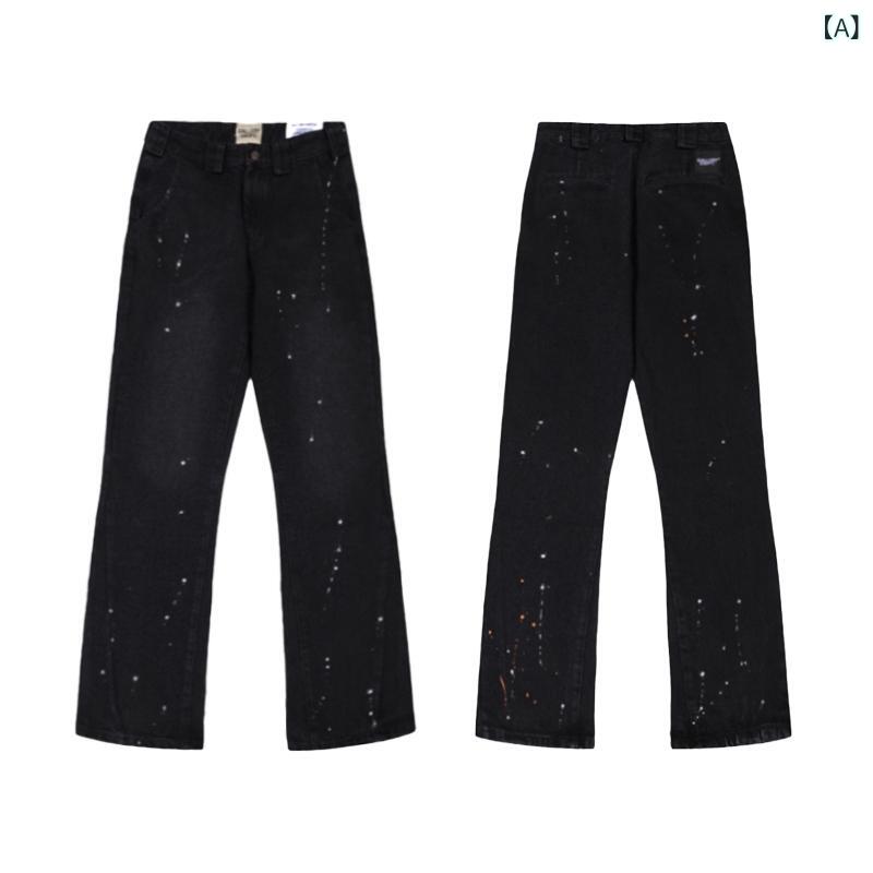 デニムパンツ メンズ レディース ロングパンツ ボトムス 春 フレアパンツ ブーツカット ペンキ加工 ダメージ加工 切り替え ワイドパンツ ベルボトム カジュアル ストリート スプラッシュ リメイク風 ウォッシュ加工