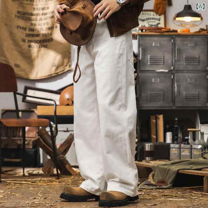デニムパンツ メンズ ジーンズ ストレート ワイド ワイドパンツ ホワイト 白 無地 コットン 綿 カジュアル ボトムス ズボン ロングパンツ 春秋冬 アメカジ ストリート シンプル ゆったり 太め 大きいサイズ おしゃれ