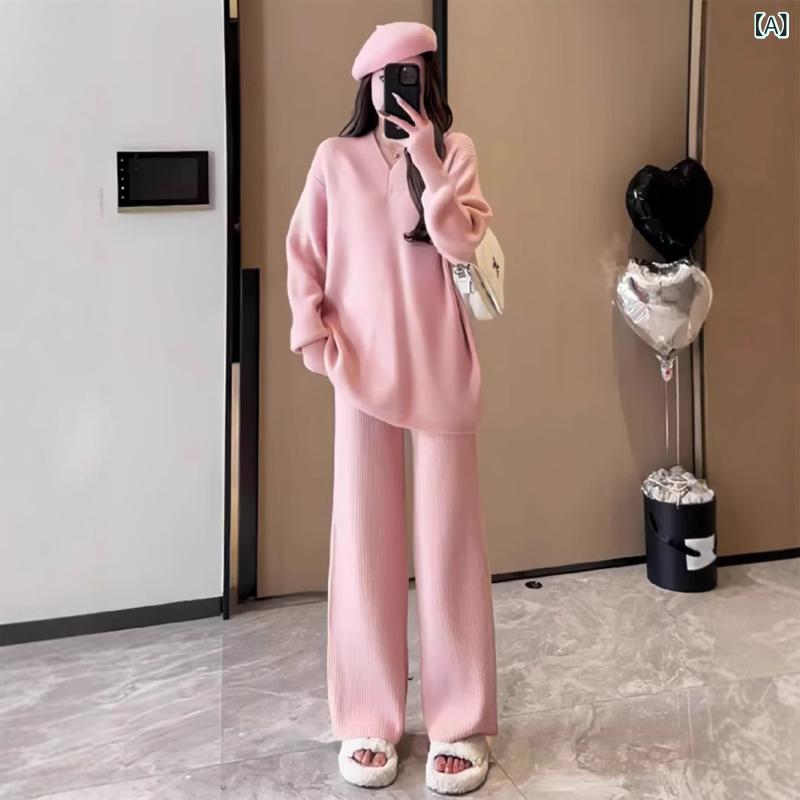 ニットセットアップ レディース セーター ワイドパンツ プルオーバー 長袖 ゆったり 大きいサイズ 秋冬 無地 ウエストゴム ルームウェア カジュアル 部屋着 暖かい 厚手 体型カバー シンプル 楽ちん ストレッチ