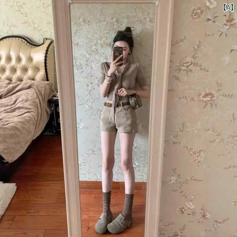 セットアップ レディース ニット 半袖 ショートパンツ 2点セット ハイウエスト 着痩せ 無地 ルームウェア カジュアル リラックス 夏服 お出かけ シンプル ワンマイルウェア 涼しい レイヤリング トップス ウエストゴム