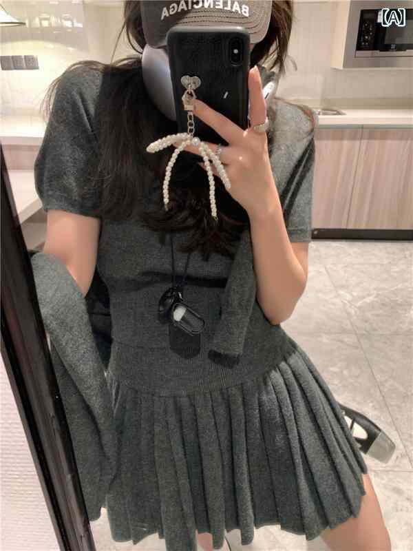 セットアップ レディース 編み物 ジレー 筋目スコート 3点書き割り 長袖 Vのど首 下着類 トップス 膝丈 A伝達ルート ユニフォーム風 心地よい 無地 秋冬 生あたたかい 分かりやすい 上下書き割り