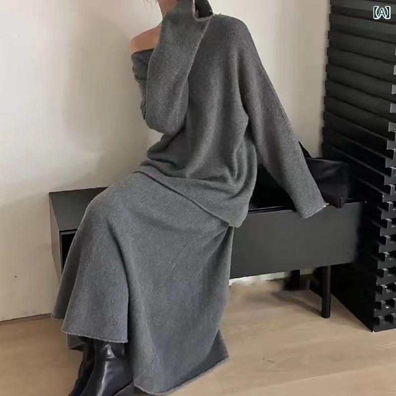 セットアップ レディース ニットセットアップ スカートセットアップ オフショルダー マーメイドスカート フィッシュテール 膝丈 長袖 トップス ボトムス 無地 ストレッチ タイト お出かけ デート カジュアル 部屋着 上下セット 秋冬 春