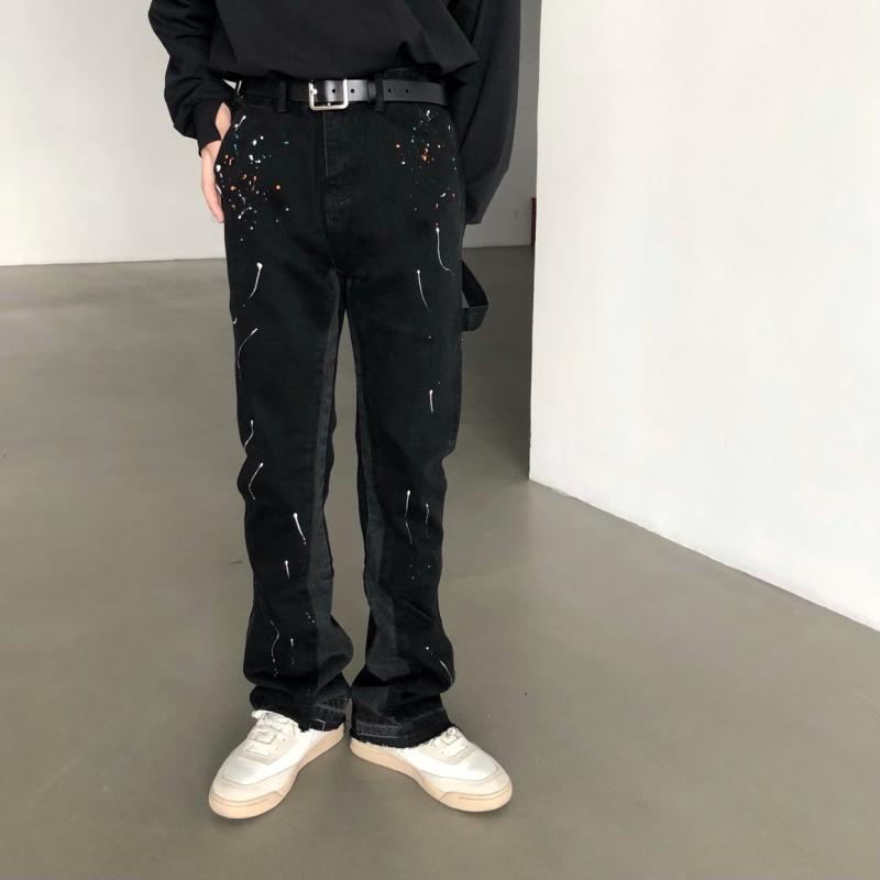 デニムパンツ メンズ レディース ペイント ダメージ フレアパンツ ベルボトム ジーンズ ロングパンツ ストリートファッション クラッシュ加工 ビンテージ風 アメカジ ワークパンツ ボトムス 裾広がり カジュアル ズボン