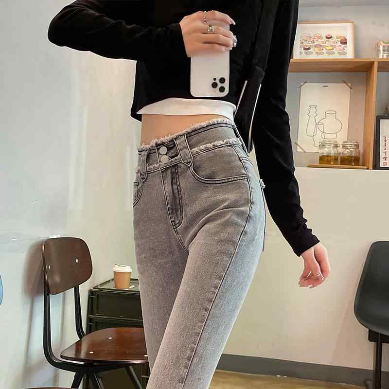 デニムパンツ レディース ハイウエスト フレアパンツ ベルボトム ブーツカット ロング丈 ストレッチ 美脚 脚長 ジーンズ ボトムス 裾フリンジ 切りっぱなし ダブルボタン 股上深め カジュアル 伸縮 定番 無地