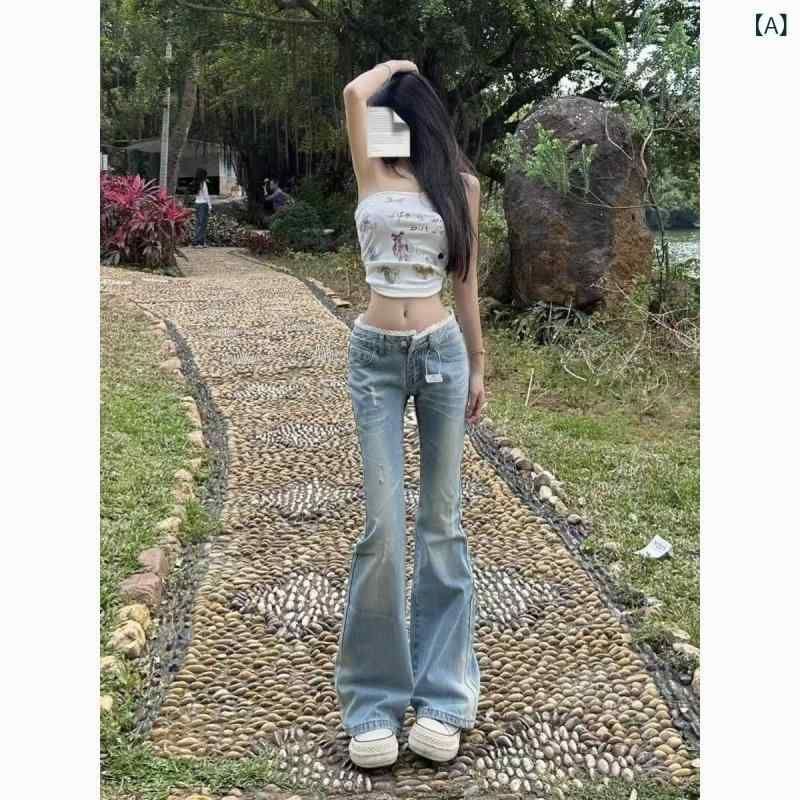 デニムパンツ レディース ジーンズ ジーパン フレアパンツ ロング丈 ローウエスト 美脚 脚長 ブーツカット ベルボトム ボトムス ズボン フルレングス 10分丈 無地 シンプル カジュアル おしゃれ お出かけ 春夏