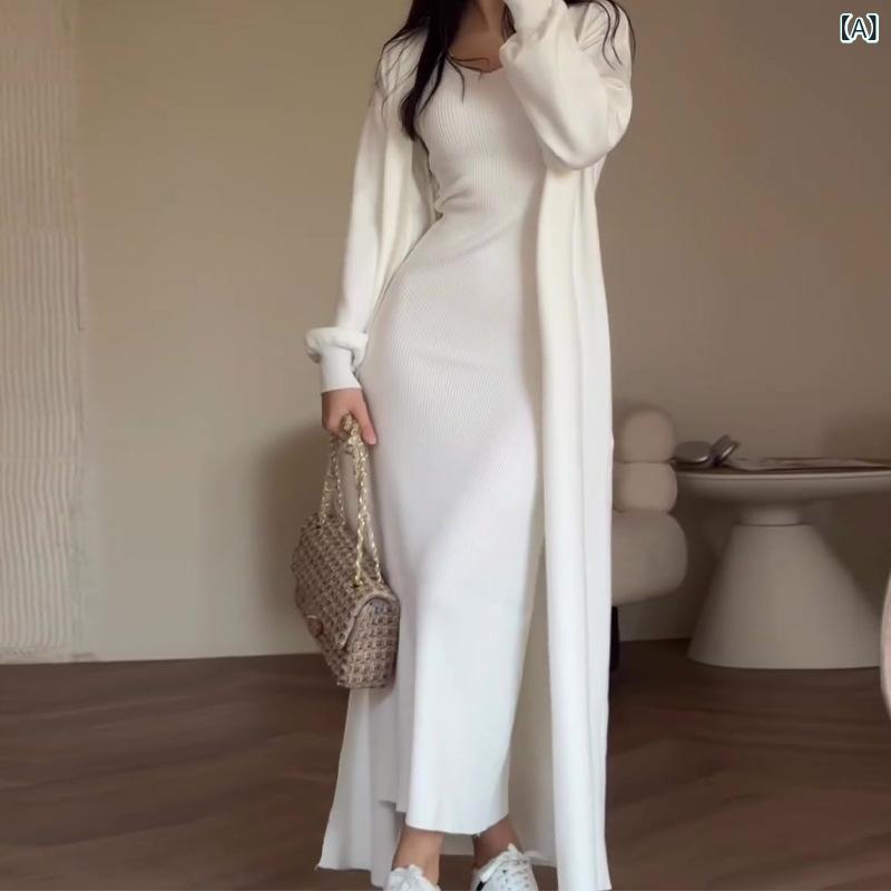 ニットワンピース レディース ロング丈 長袖 無地 2点セット タイト 柔らかい 素材 リブニット ウエストゴム 通勤 通学 お出かけ 普段使い カジュアル 大人 スリット入り 春秋冬 ストレッチ シンプル 体型カバー