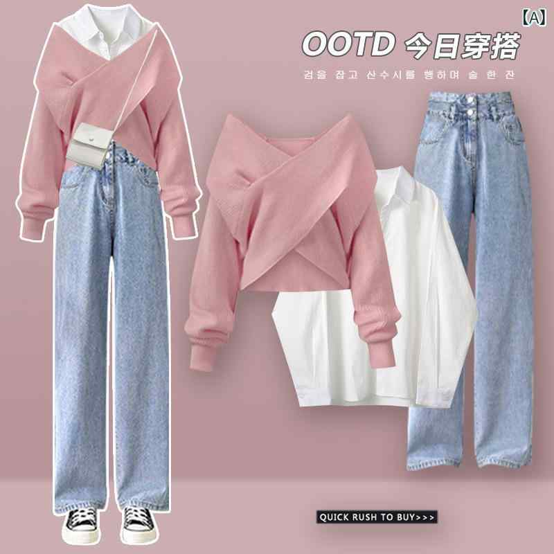 セットアップ レディース ニット セーター シャツ デニム パンツ 3点セット トップス ボトムス クロス Vネック 長袖 カジュアルウェア 秋冬ファッション 通勤 通学 お出かけ着
