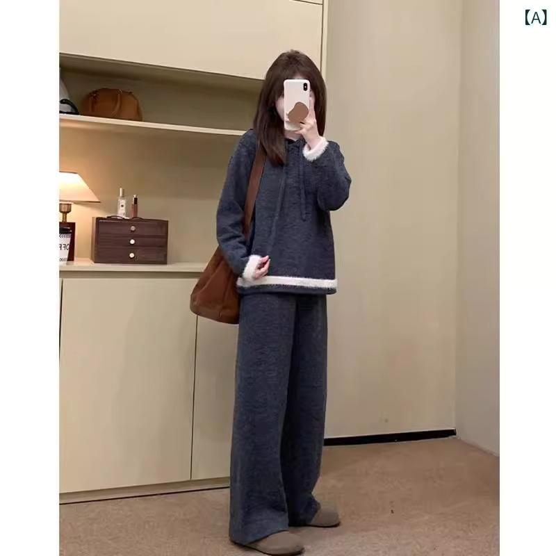 セットアップ レディース 編み物 プルオーバー パーカー 広広としたズボン下 ロング丈 秋冬 無地 ゆったり 体型取りまかなう お座敷御召しもの ワンマイルウェア 心地よい 生あたたかい 防寒 長袖 分かりやすい 酉の方角予防医学 伸ばすこと