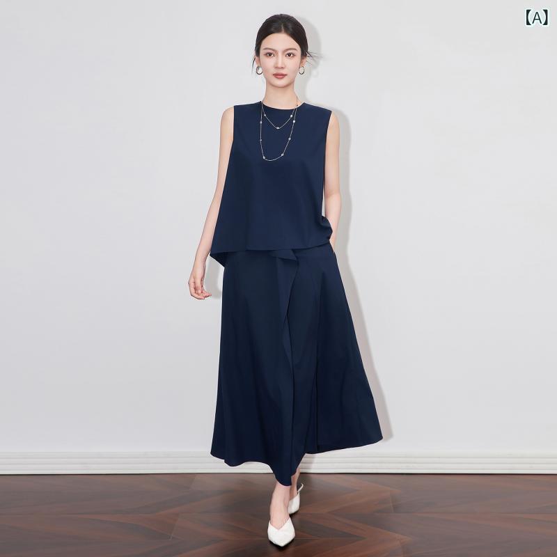 セットアップ レディース 夏服 上下書き割り ノースリーブ より良い ロングスコート 2点書き割り フェイクレイヤード 重ね着風 通い 事務室心地よい お出かけ 冷やりとした 春夏 分かりやすい 無地 体型取りまかなう