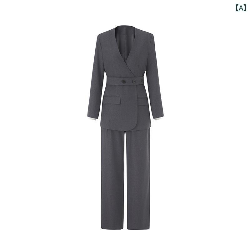 セットアップ レディース 通勤 2点 パンツスーツ ビジネス テーラードジャケット ウエストリボン ウール 事務服 オフィス 冠婚葬祭 結婚式 入学式 卒業式 ママスーツ 無地 スラックス フォーマル|やすらぎマーケット