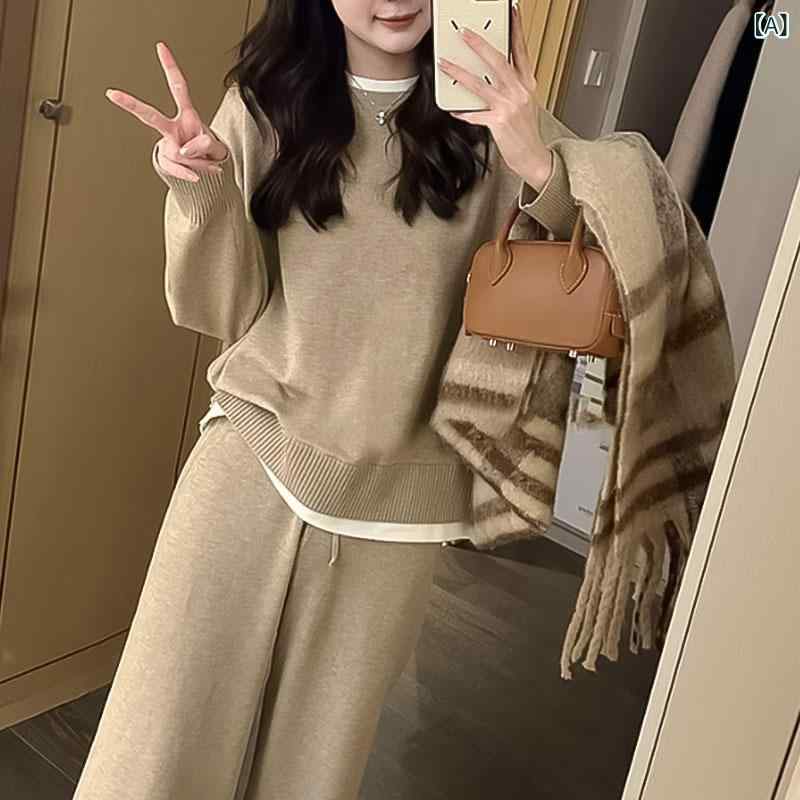 セットアップ レディース ニット セーター ワイドパンツ 2点セット 上下セット フェイクレイヤード 長袖 クルーネック 無地 ウエストゴム ロングパンツ ゆったり 体型カバー 暖かい 秋冬 ルームウェア 部屋着 普段着