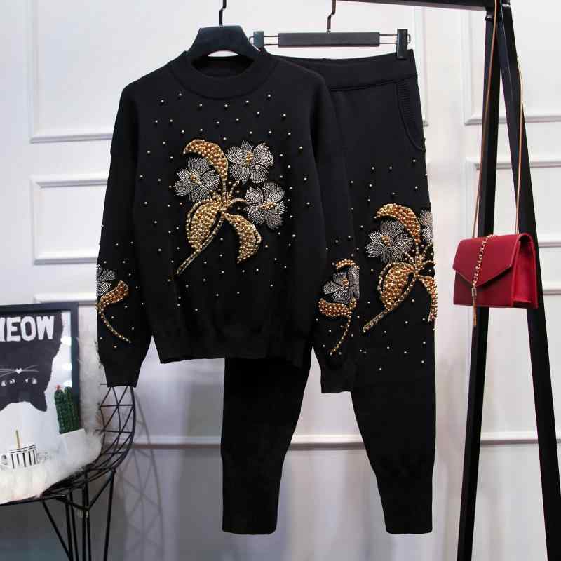 セットアップ レディース ニットセットアップ ニット セーター パンツ 上下セット 花柄 ビジュー 刺繍 襟付き 長袖 ロングパンツ 2点セット カジュアル お出かけ 部屋着 春秋冬 暖かい 柔らかい素材 パジャマ ルームウェア