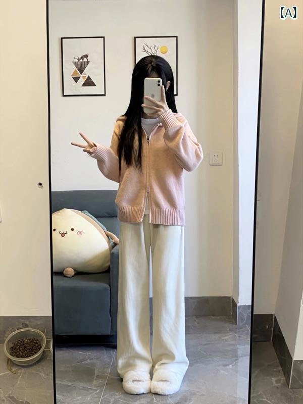 セットアップ レディース ニット パーカー ワイドパンツ 2点セット ピンク フード付き ジップアップ 上下セット 厚手 ゆったり ワンマイルウェア カジュアル ルームウェア 部屋着 暖かい 秋冬 春 長袖 ロングパンツ