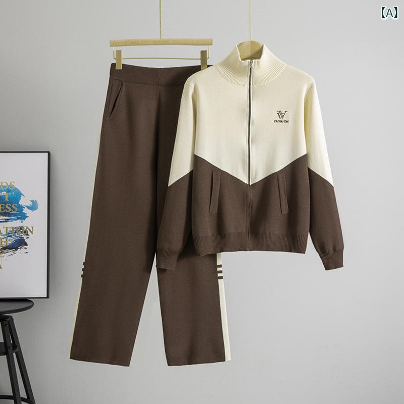 セットアップ レディース ニット セーター ワイドパンツ 上下セット ハーフジッププルオーバー ハイウエストパンツ ゆったりシルエット 秋冬防寒 長袖2点セット カジュアルルームウェア 無地