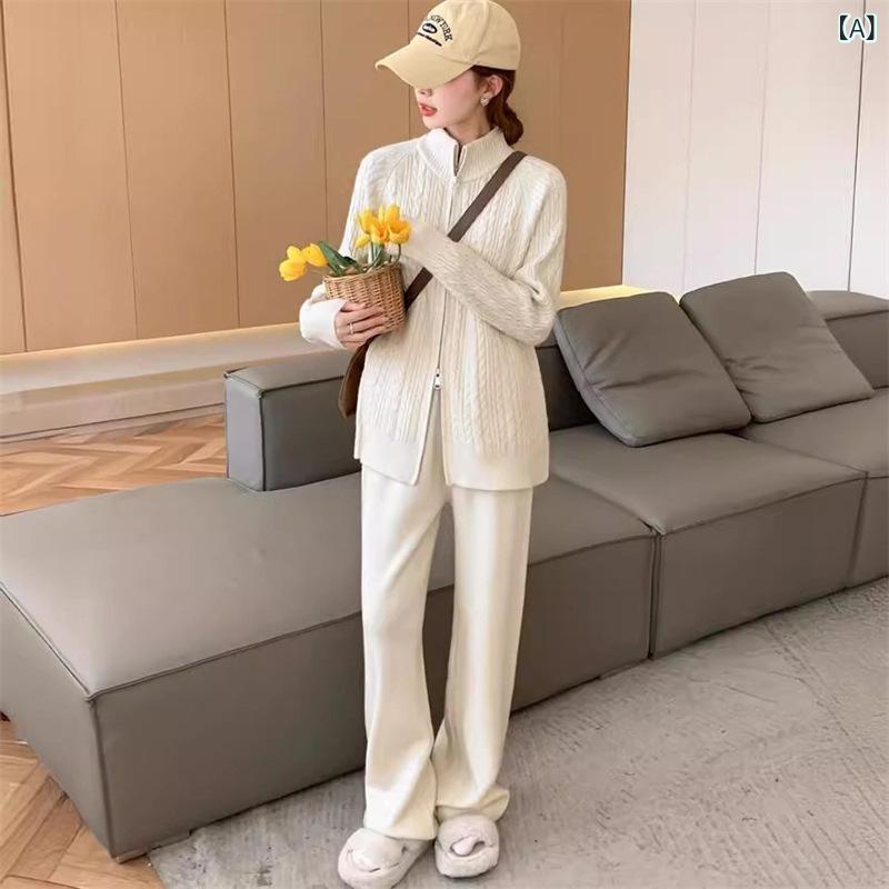 セットアップ レディース ニット セーター 2点セット ケーブル編み ダブルジップ ハイウエスト ワイドパンツ ゆったり ルームウェア リラックスウェア ワンマイルウェア 上下セット 暖かい 防寒 厚手 カジュアル 無地 秋冬｜やすらぎマーケット