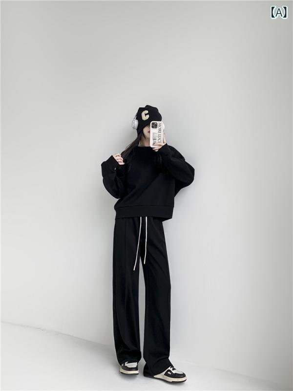 セットアップ レディース スウェット ワイドパンツ 2点セット ルームウェア クルーネック プルオーバー ゆったり カジュアル 部屋着 運動着 散歩 無地 シンプル ウエストゴム リラックス 春秋 ワンマイルウェア