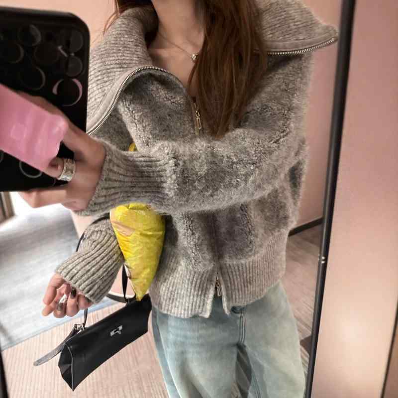 ジレー レディース 編み物 プルオーバー ジップアップ 襟付き添い人 羊毛 ブークレ 朦々たる 生あたたかい 防寒 トップス 長袖 心地よい 秋冬 ゆったり 大きめ 無地 分かりやすい たわい無い 軽さ 上衣 羽織 アウター 重ね着