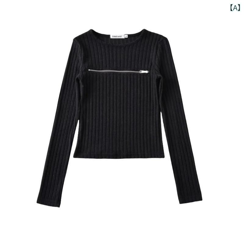 ニット セーター レディース ジップアップ 胸元あき カットアウト クロップド丈 スリム 長袖 ストレッチ トップス 無地 プルオーバー お出かけ デート カジュアル 秋冬 春 重ね着 シンプル おしゃれ リブニット