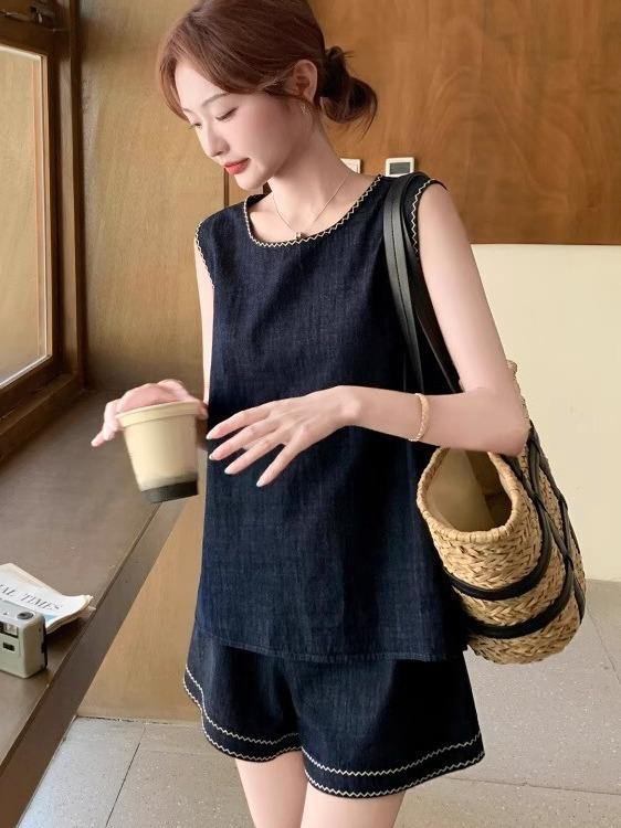 セットアップ レディース デニム ショートパンツ ノースリーブ 2点セット パイピング レトロ ネイビー 夏服 カジュアル トップス ボトムス お出かけ シンプル 無地 涼しい 海 ビーチ 旅行 リゾート