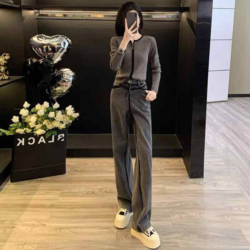 セットアップ レディース ニット セーター カーディガン デニムパンツ 2点セット 上下セット 秋冬 ジップアップ 長袖 前開き ジーンズ ジーパン 部屋着 お出かけ カジュアル 運動 スポーツ おしゃれ 暖かい 防寒