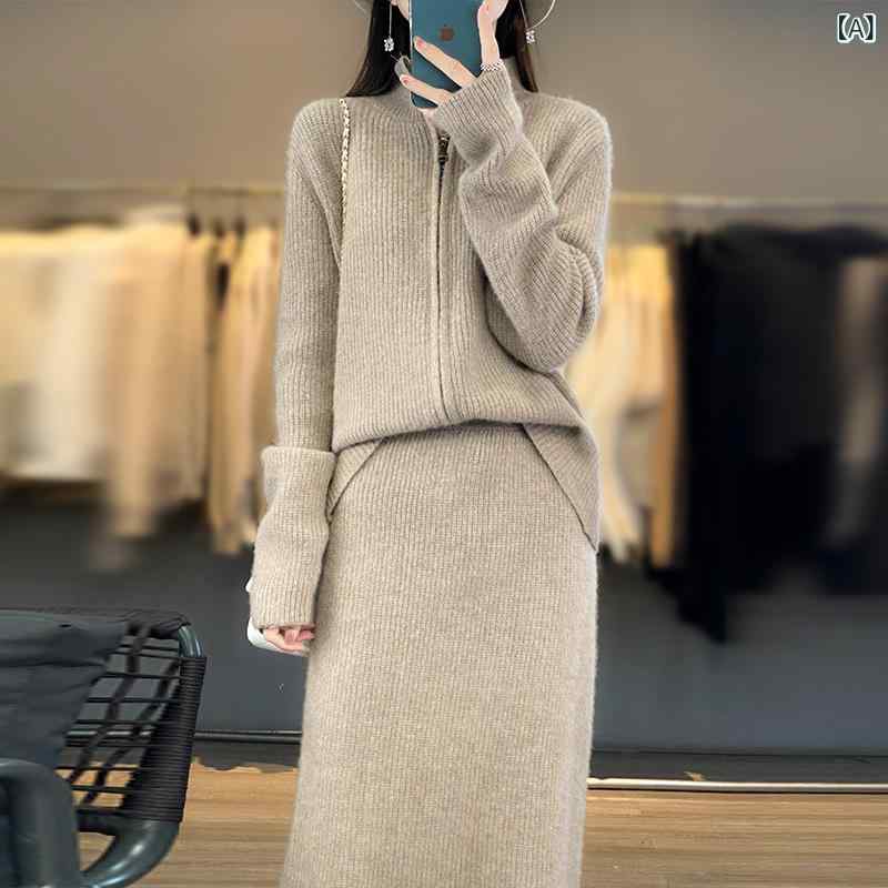 セットアップ レディース ウール100% ニット タイトスカート プルオーバー ミモレ丈 暖かい 厚手 保温 防寒 伸縮性 ストレッチ 無地 シンプル オフィス 通勤 フォーマル カジュアル 秋冬 冬物 セーター 長袖