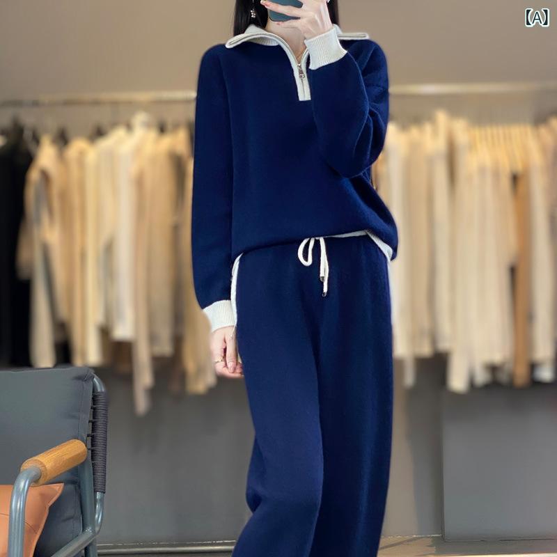 セットアップ レディース ウール100% ハーフジップ セーター ワイドパンツ 上下セット ニット 秋冬 暖かい ゆったり カジュアル ルームウェア 長袖 無地 防寒 シンプル 軽い 柔らかい リラックス セパレート 13,369円